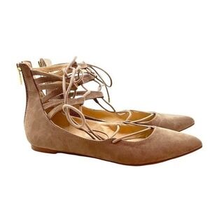 Unisa neutral tan beige ankle tie up faux suede pointed toe flat shoes size 8